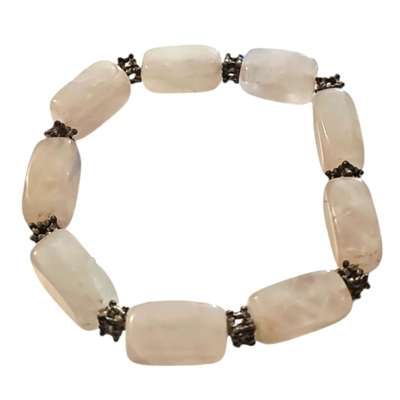 Vintage Chunky Rose Quartz Bracelet Pink Gemstone Rectangle Beads Stretch  7" - Picture 1 of 4